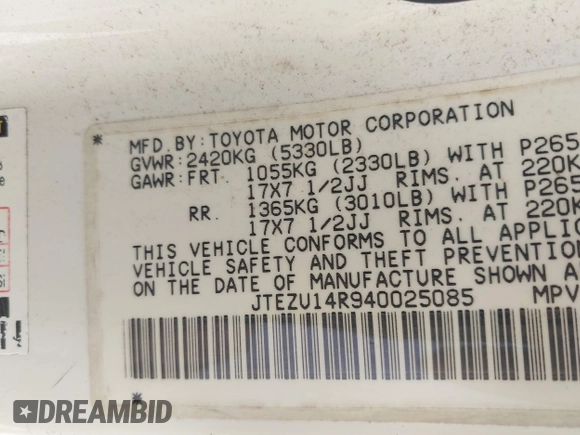 2004 Toyota 4Runner SR5 z VIN JTEZU14R940025085, wystawiony jako IAAI lot #41767362 z przebiegiem 250 600 mil mil oraz . Historia ofert i sprzedaży dostępna na DreamBid. Obrazek 9.