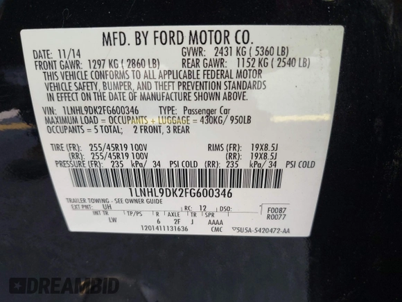 2015 Lincoln MKS с VIN 1LNHL9DK2FG600346, выставлен на аукционе IAAI как лот 42282772 с пробегом 347 761 миль миль и . История ставок и продаж доступна на DreamBid. Изображение 9.