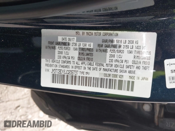 2018 Mazda CX-9 Grand Touring with VIN JM3TCBDY8J0209737, listed as a IAAI auction lot 42374826 with Not provided miles and . Bid and sale history available at DreamBid. Image 9.