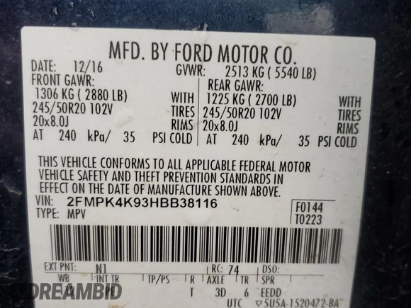 2017 Ford Edge Titanium with VIN 2FMPK4K93HBB38116, listed as a Copart auction lot 45160125 with 64,491 mi miles and Salvage Title. Bid and sale history available at carsss.com. Image 13.