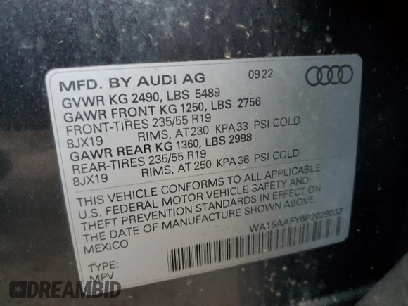 2023 Audi Q5 Sportback S line Premium Plus with VIN WA15AAFY6P2029033, listed as a Copart auction lot 85507094 with 24,289 mi miles and Salvage title. Bid and sale history available at DreamBid. Image 13.