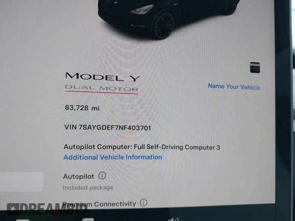 2022 Tesla Model Y Performance with VIN 7SAYGDEF7NF403701, listed as a IAAI auction lot 41961532 with 83,728 mi miles and . Bid and sale history available at DreamBid. Image 7.