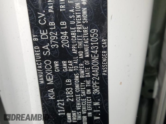 2022 Kia Forte LXS with VIN 3KPF24AD0NE431059, listed as a Copart auction lot 48265445 with 32,896 mi miles and Salvage Title. Bid and sale history available at DreamBid. Image 12.