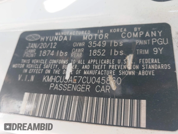 2012 Hyundai Accent SE with VIN KMHCU5AE7CU045860, listed as a IAAI auction lot 42739290 with 195,904 mi miles and . Bid and sale history available at DreamBid. Image 9.