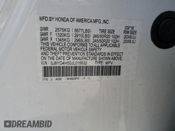 2018 Acura MDX Technology with VIN 5J8YD4H50JL015632, listed as a Copart auction lot 62608615 with 52,999 mi miles and Salvage title. Bid and sale history available at DreamBid. Image 13.