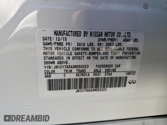 2016 Infiniti Q50 2.0t Premium with VIN JN1CV7AR4GM250223, listed as a Copart auction lot 88310915 with 94,987 mi miles and Salvage Title. Bid and sale history available at carsss.com. Image 12.