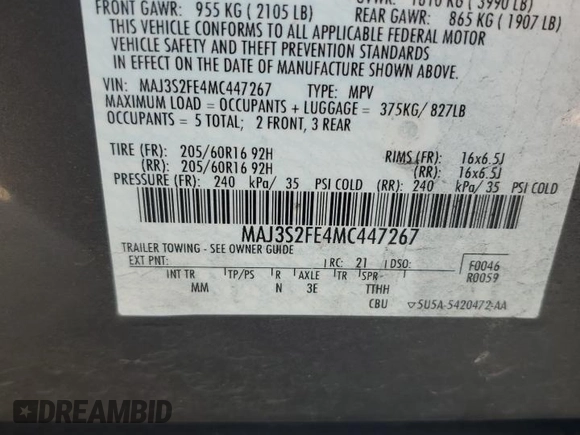 2021 Ford EcoSport S with VIN MAJ3S2FE4MC447267, listed as a Copart auction lot 50121035 with 47,175 mi miles and Salvage Title. Bid and sale history available at DreamBid. Image 13.