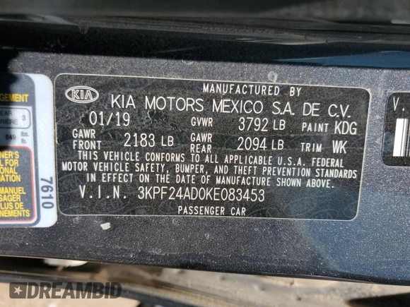 2019 Kia Forte LXS with VIN 3KPF24AD0KE083453, listed as a Copart auction lot 50039982 with 46,584 mi miles and Salvage Title. Bid and sale history available at DreamBid. Image 15.