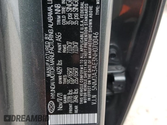 2022 Hyundai Tucson SE with VIN 5NMJA3AE3NH070046, listed as a Copart auction lot 88326165 with 32,158 mi miles and Non Repairable. Bid and sale history available at DreamBid. Image 13.