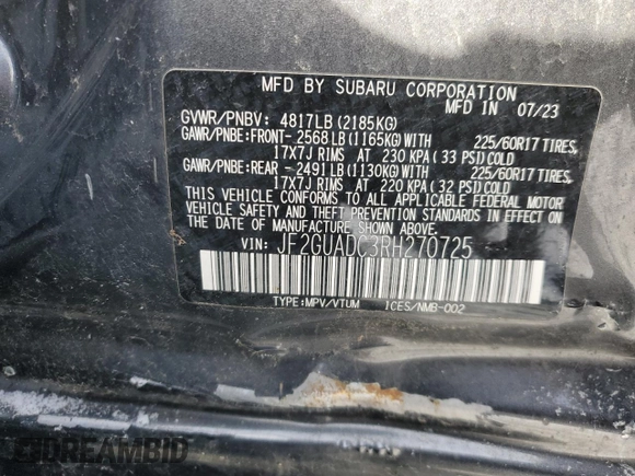 2024 Subaru Crosstrek Premium с VIN JF2GUADC3RH270725, выставлен на аукционе Copart как лот 87820165 с пробегом Не указан миль и На запчасти • Non repairable. История ставок и продаж доступна на DreamBid. Изображение 13.