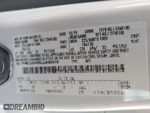 2020 Ford Escape SEL with VIN 1FMCU0H65LUA80849, listed as a Copart auction lot 63335555 with 111,763 mi miles and Non repairable. Bid and sale history available at DreamBid. Image 13.