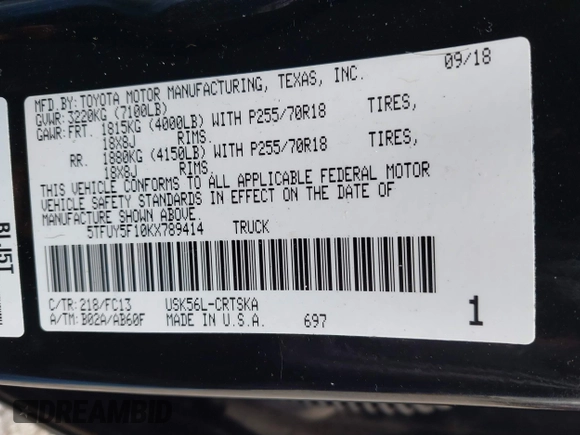 2019 Toyota Tundra SR with VIN 5TFUY5F10KX789414, listed as a IAAI auction lot 41841893 with 36,727 mi miles and . Bid and sale history available at DreamBid. Image 9.