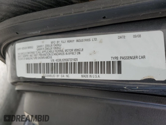 2009 Subaru Legacy Limited with VIN 4S3BL626397221925, listed as a Copart auction lot 55661165 with 204,910 mi miles and Salvage title. Bid and sale history available at DreamBid. Image 12.