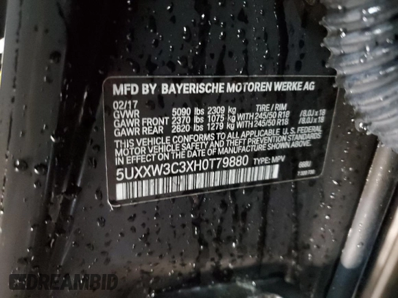 2017 BMW X4 xDrive28i with VIN 5UXXW3C3XH0T79880, listed as a Copart auction lot 45501345 with 81,299 mi miles and Salvage title. Bid and sale history available at DreamBid. Image 14.
