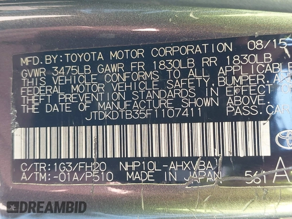 2015 Toyota Prius One z VIN JTDKDTB35F1107411, wystawiony jako IAAI lot #42159414 z przebiegiem 122 258 mil mil oraz . Historia ofert i sprzedaży dostępna na DreamBid. Obrazek 9.