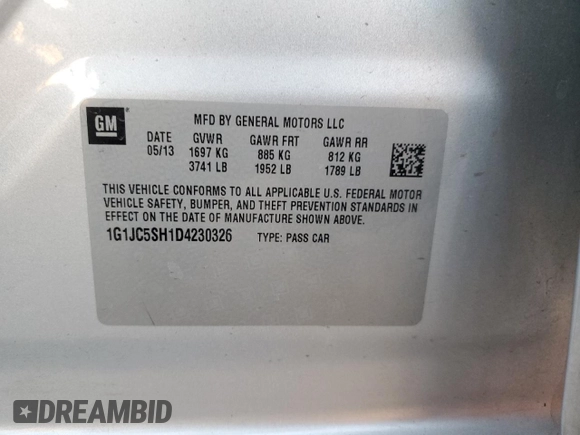 2013 Chevrolet Sonic LT with VIN 1G1JC5SH1D4230326, listed as a Copart auction lot 49828425 with 187,543 mi miles and Salvage Title. Bid and sale history available at DreamBid. Image 14.