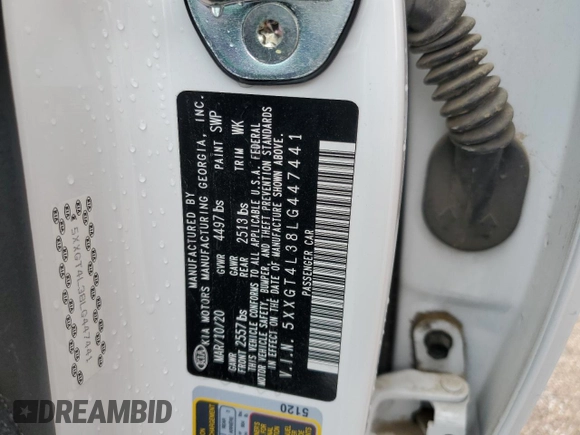 2020 Kia Optima LX with VIN 5XXGT4L38LG447441, listed as a Copart auction lot 62332215 with 68,649 mi miles and Salvage title. Bid and sale history available at DreamBid. Image 12.