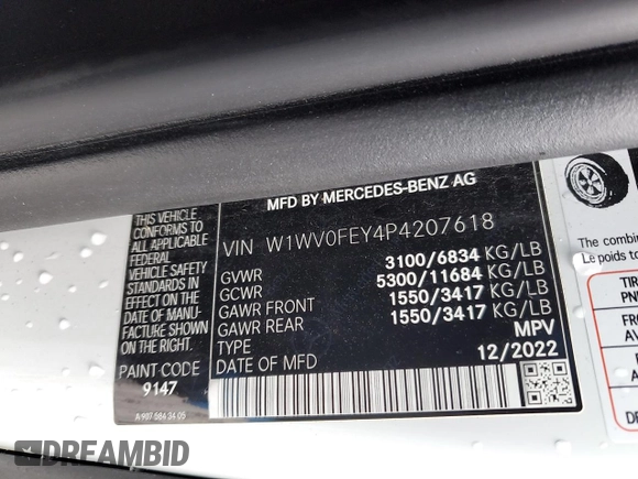 2023 Mercedes-Benz Metris with VIN W1WV0FEY4P4207618, listed as a Copart auction lot 49060834 with Not Provided miles and Salvage Title. Bid and sale history available at DreamBid. Image 13.