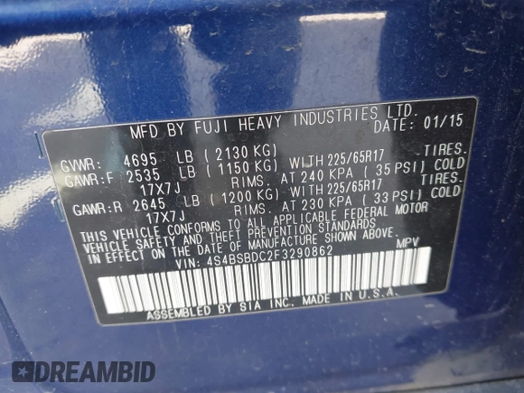 2015 Subaru Outback Premium with VIN 4S4BSBDC2F3290862, listed as a IAAI auction lot 42011007 with 152,628 mi miles and . Bid and sale history available at DreamBid. Image 9.