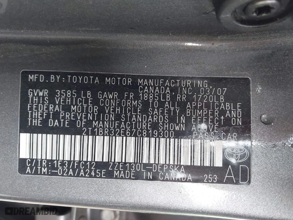 2007 Toyota Corolla CE with VIN 2T1BR32E67C819300, listed as a IAAI auction lot 41904937 with 98,097 mi miles. Bid and sale history available at carsss.com. Image 9.