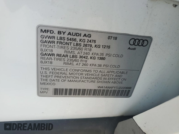 2018 Audi Q5 Premium with VIN WA1ANAFY7J2220888, listed as a Copart auction lot 63292765 with 34,350 mi miles and Salvage title. Bid and sale history available at DreamBid. Image 13.
