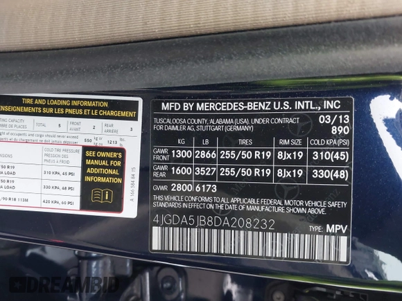 2013 Mercedes-Benz M 350 with VIN 4JGDA5JB8DA208232, listed as a IAAI auction lot 42349851 with 81,072 mi miles and . Bid and sale history available at DreamBid. Image 9.