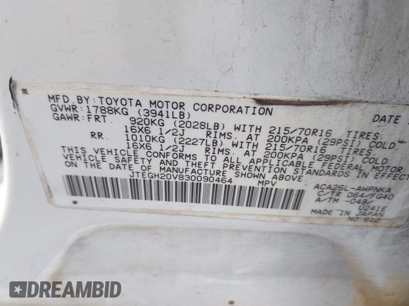 2003 Toyota RAV4 with VIN JTEGH20V830090464, listed as a IAAI auction lot 42249762 with 266,575 mi miles and . Bid and sale history available at DreamBid. Image 9.