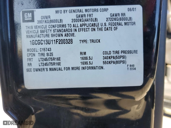 2001 Chevrolet Silverado 1500HD LS with VIN 1GCGC13U11F200328, listed as a Copart auction lot 79548524 with 225,971 mi miles and Salvage Title. Bid and sale history available at carsss.com. Image 12.