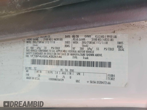 2020 Ford Transit Cargo with VIN 1FTBF4UG0LKB26146, listed as a IAAI auction lot 42679323 with 137,541 mi miles and . Bid and sale history available at DreamBid. Image 15.