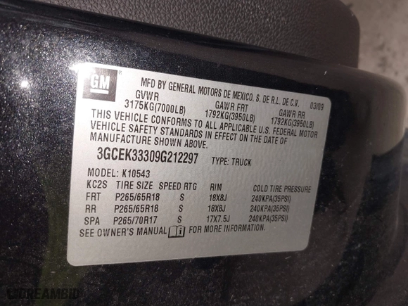 2009 Chevrolet Silverado 1500 LTZ with VIN 3GCEK33309G212297, listed as a IAAI auction lot 41716572 with 158,451 mi miles. Bid and sale history available at carsss.com. Image 9.
