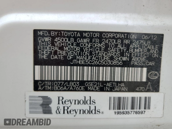 2012 Lexus IS 350 with VIN JTHBE5C26C5030856, listed as a Copart auction lot 42495955 with 129,950 mi miles and Salvage title. Bid and sale history available at DreamBid. Image 14.