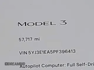 2023 Tesla Model 3 with VIN 5YJ3E1EA5PF396413, listed as a IAAI auction lot 42188639 with 57,717 mi miles and . Bid and sale history available at DreamBid. Image 15.