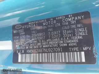 2022 Hyundai Kona SEL with VIN KM8K62AB7NU927091, listed as a IAAI auction lot 41602994 with 1 mi miles. Bid and sale history available at carsss.com. Image 9.