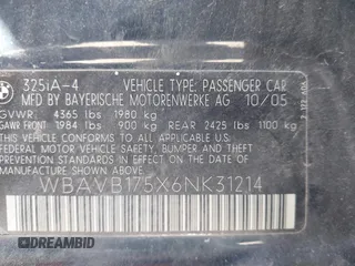 2006 BMW 3 Series 325i with VIN WBAVB175X6NK31214, listed as a IAAI auction lot 42235646 with Not provided miles and . Bid and sale history available at DreamBid. Image 9.