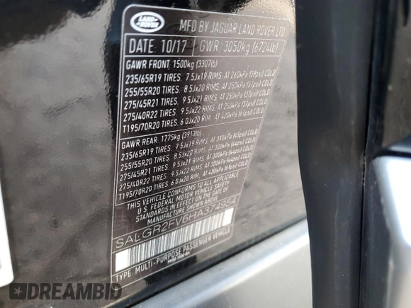 2017 Land Rover Range Rover with VIN SALGR2FV6HA374954, listed as a Copart auction lot 82380564 with 76,293 mi miles and Salvage title. Bid and sale history available at DreamBid. Image 13.
