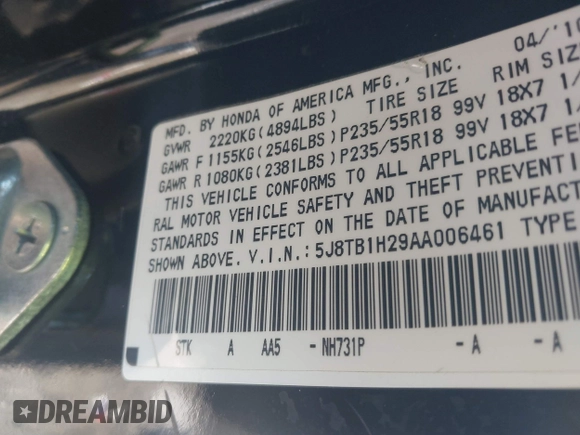 2010 Acura RDX with VIN 5J8TB1H29AA006461, listed as a IAAI auction lot 41321754 with 165,000 mi miles. Bid and sale history available at carsss.com. Image 9.