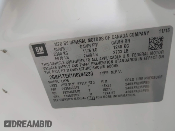 2017 GMC Terrain SLE with VIN 2GKFLTEK1H6244230, listed as a IAAI auction lot 42021653 with 58,694 mi miles. Bid and sale history available at carsss.com. Image 9.