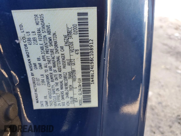 2008 Nissan Altima 3.5 SE with VIN 1N4BL24E98C108912, listed as a Copart auction lot 51982645 with 182,988 mi miles and Salvage Title. Bid and sale history available at carsss.com. Image 12.