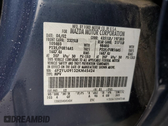 2002 Mazda Tribute LX with VIN 4F2YU09132KM45424, listed as a Copart auction lot 47778905 with 196,982 mi miles and Salvage Title. Bid and sale history available at carsss.com. Image 13.