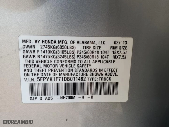 2013 Honda Ridgeline Sport with VIN 5FPYK1F71DB011482, listed as a Copart auction lot 42923385 with 130,382 mi miles and Salvage Title. Bid and sale history available at carsss.com. Image 14.