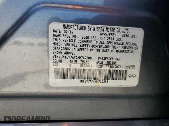 2017 Infiniti Q50 Premium z VIN JN1EV7AP4HM742288, wystawiony jako Copart lot #56983375 z przebiegiem 104 637 mil mil oraz Szkody całkowita. Historia ofert i sprzedaży dostępna na DreamBid. Obrazek 12.