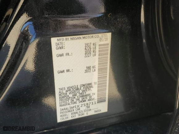 2018 Nissan Altima 2.5 SL with VIN 1N4AL3AP1JC259711, listed as a Copart auction lot 52011225 with 0 mi miles and Salvage Title. Bid and sale history available at carsss.com. Image 12.