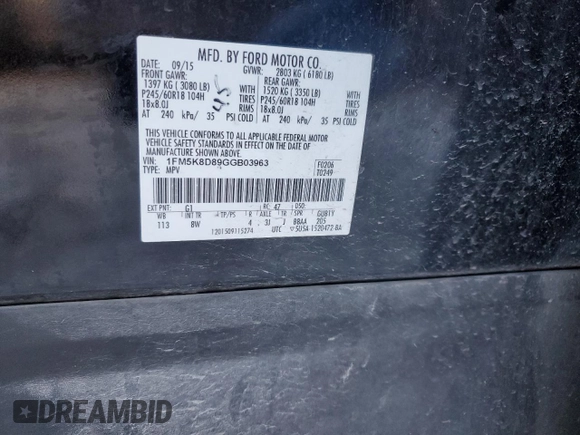 2016 Ford Explorer XLT with VIN 1FM5K8D89GGB03963, listed as a Copart auction lot 82888564 with 112,584 mi miles and Salvage Title. Bid and sale history available at DreamBid. Image 14.