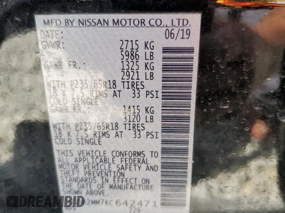 2019 Nissan Pathfinder SL with VIN 5N1DR2MM7KC642471, listed as a Copart auction lot 53975115 with 155,887 mi miles and Salvage title. Bid and sale history available at DreamBid. Image 13.