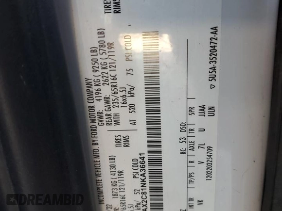 2022 Ford Transit Passenger XL с VIN 1FDAX2C81NKA36641, выставлен на аукционе Copart как лот 86621764 с пробегом Не указан миль и Списание • Salvage title. История ставок и продаж доступна на DreamBid. Изображение 13.