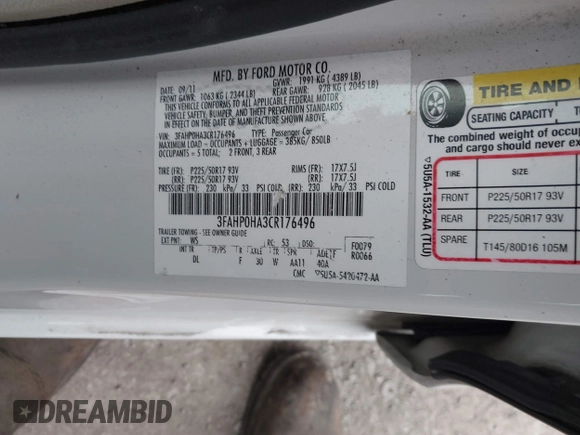 2012 Ford Fusion SE with VIN 3FAHP0HA3CR176496, listed as a IAAI auction lot 41561517 with 117,028 mi miles and . Bid and sale history available at DreamBid. Image 9.