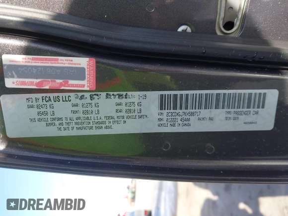 2019 Dodge Charger Scat Pack with VIN 2C3CDXGJ7KH588717, listed as a IAAI auction lot 41694673 with Not Provided miles and . Bid and sale history available at DreamBid. Image 9.