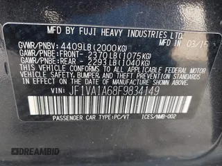 2015 Subaru WRX with VIN JF1VA1A68F9834149, listed as a IAAI auction lot 41769343 with 116,646 mi miles. Bid and sale history available at carsss.com. Image 9.