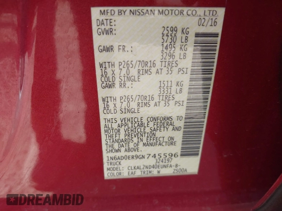 2016 Nissan Frontier S with VIN 1N6AD0ER9GN745596, listed as a IAAI auction lot 40860927 with 136,457 mi miles and . Bid and sale history available at DreamBid. Image 9.