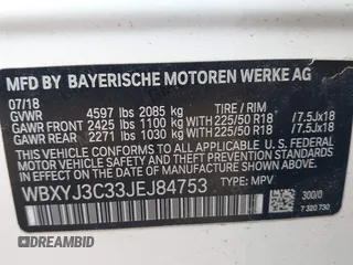 2018 BMW X2 sDrive28i with VIN WBXYJ3C33JEJ84753, listed as a IAAI auction lot 42660237 with 62,496 mi miles and . Bid and sale history available at DreamBid. Image 9.